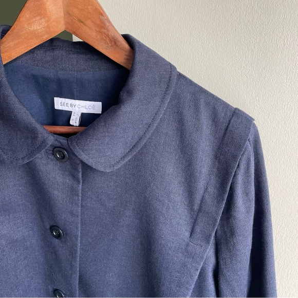 See By Chloe Linen Wool Blazer Boxy Cropped Size 8 Made in Italy Navy Jacket - Picture 3 of 15